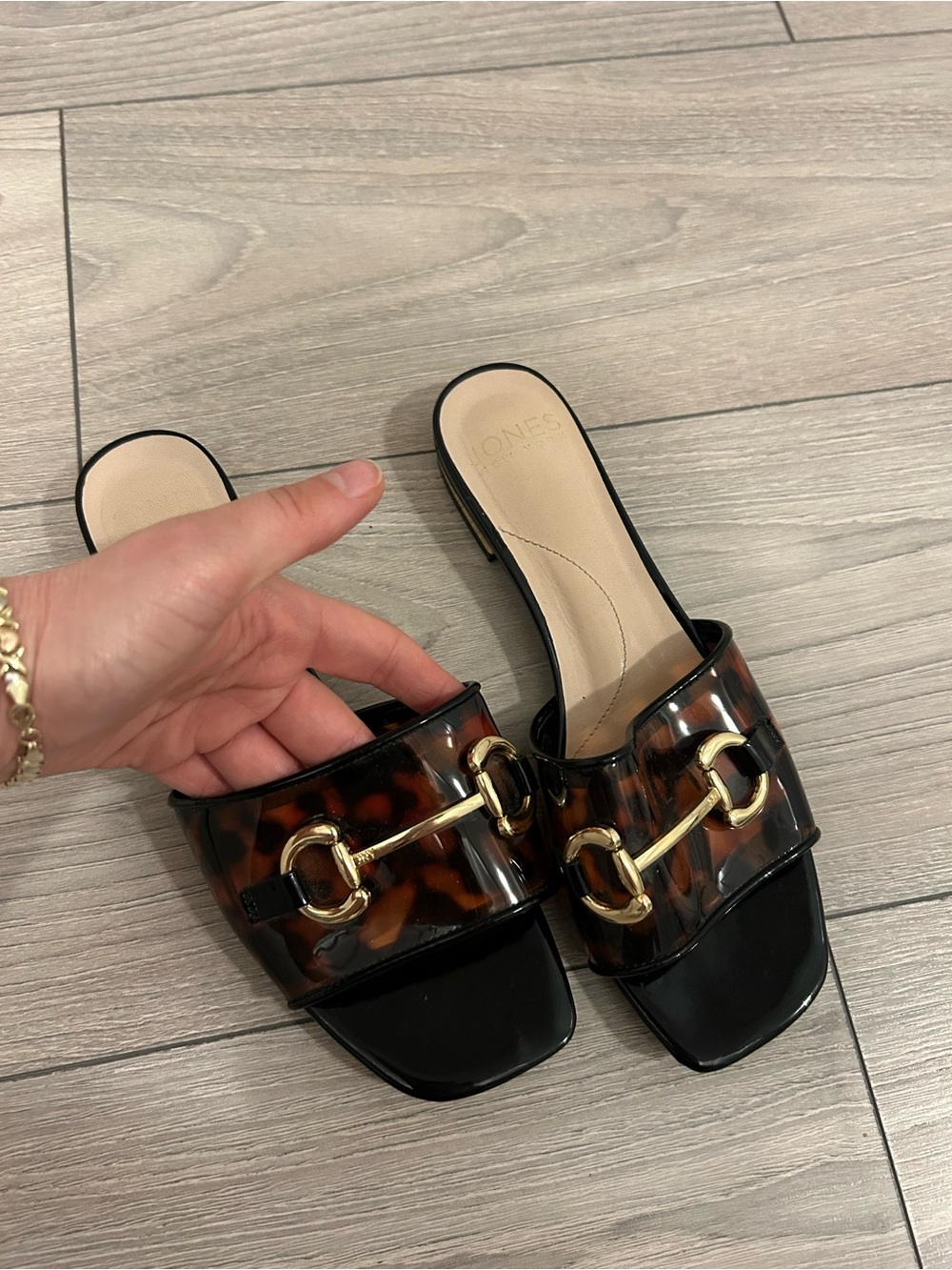 Tortoiseshell Slide Sandals with Gold Bit Detail - Women